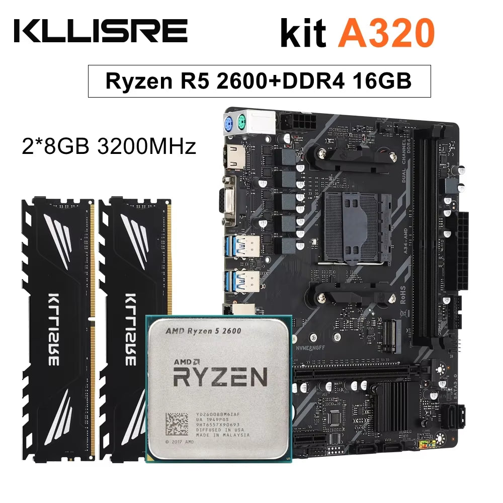 A320 Kit AMD Ryzen R5 2600 Cpu DDR4 16GB 3200Mhz Memory A320M Motherboard